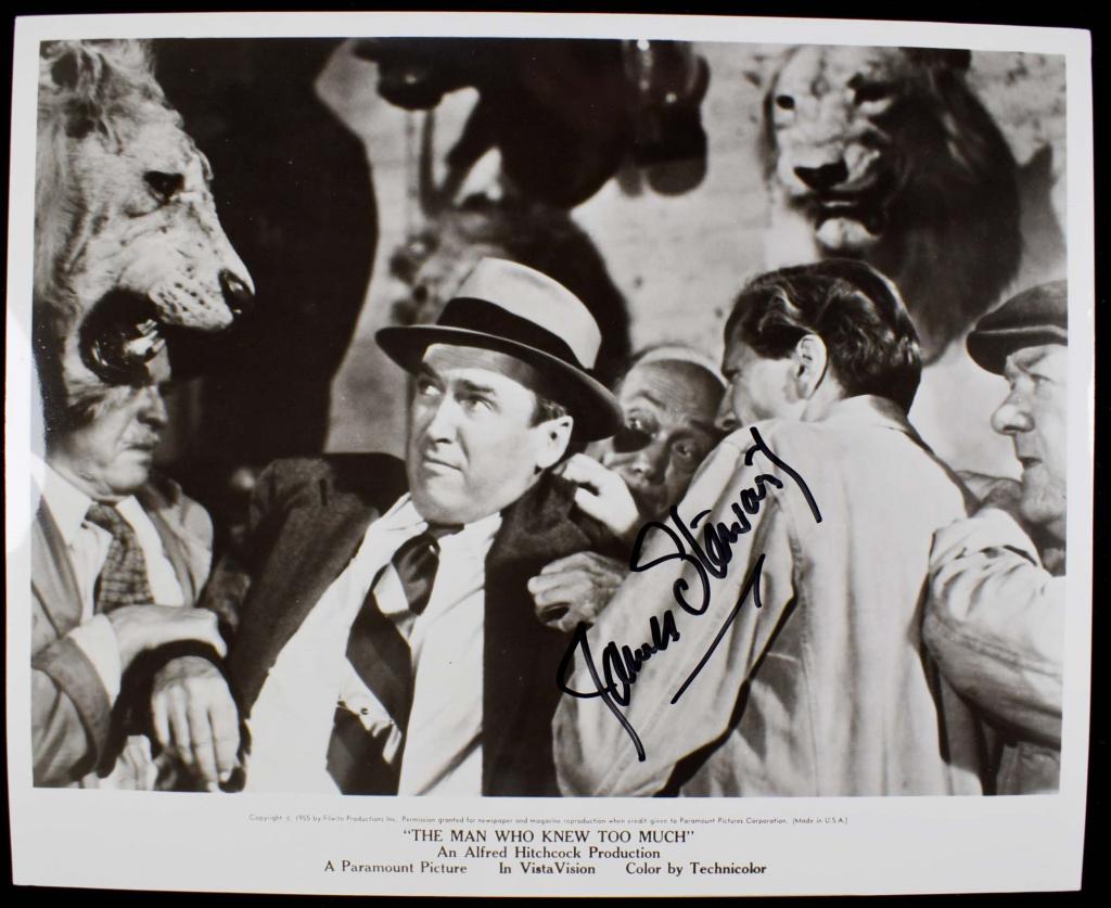 Autograph: Jimmy Stewart: A 10 x 8-1/8 black and white promotional photo from the 1956 Alfred Hitchcock film "The Man Who Knew Too Much", signed "James Stewart". This is the third of four films by the "Master of the Macabre" s