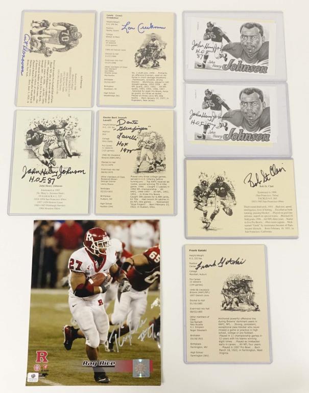 NFL Hall of Fame Postcards & Ray Rice Signed Photo: John Henry Johnson, Bob St. Clair, Dante Lavelli, Lou Creekmur, Frank Gatski, Art Donovan. Ray Rice Signed Photo