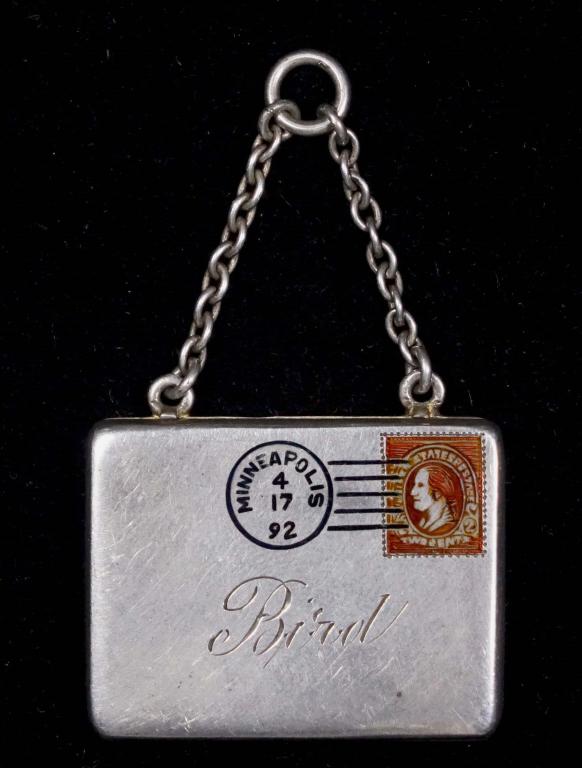Sterling Silver Miniature Envelope Necklace: 1892. Good condition. Bird Minneapolis 4.17.92. 11.5g. May be a Silver Stamp holder.