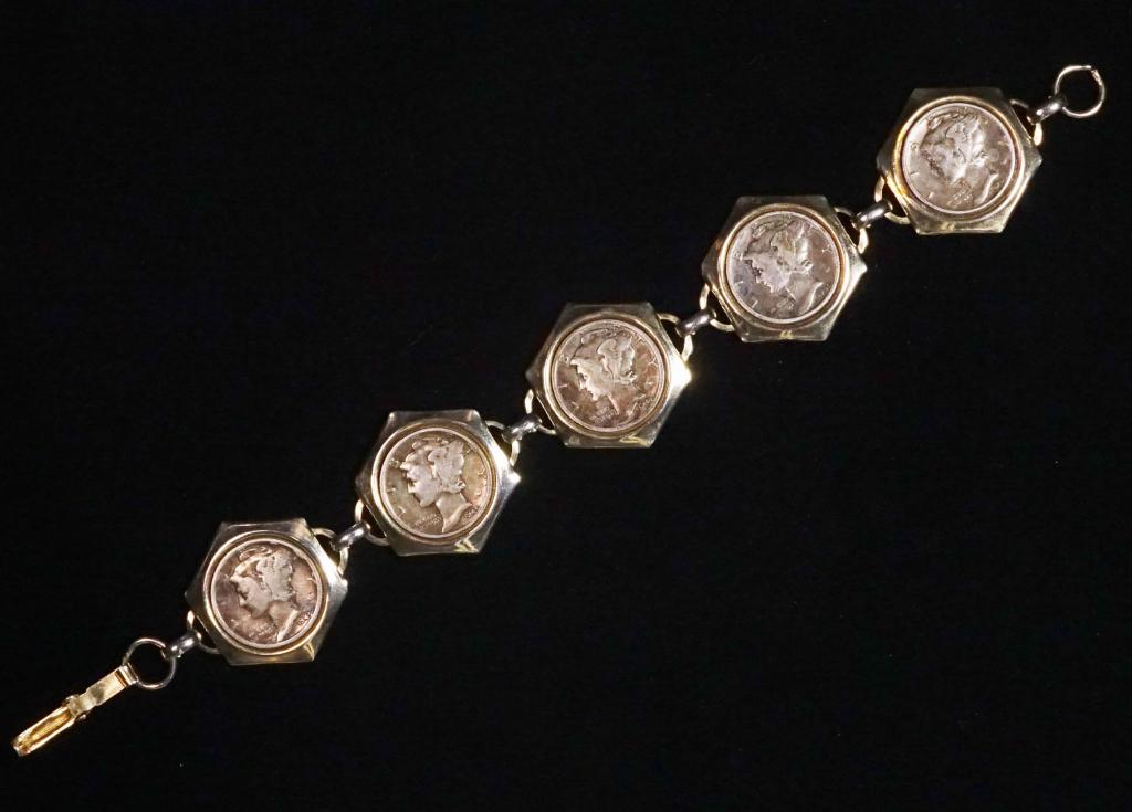 Silver Mercury Dime Bracelet: 7.5 inches. Set in gold colored mount. 5 90% Silver Mercury dimes.