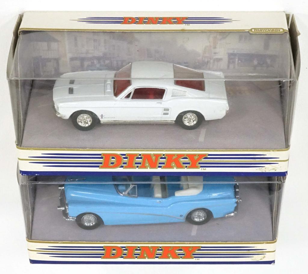 2 Vintage Die-Cast Matchbox Dinky Cars: 1 DY29 1953 Buick Skylark, 1991; 1 DY16-B 1967 Ford Mustang Fast Back, 1992.