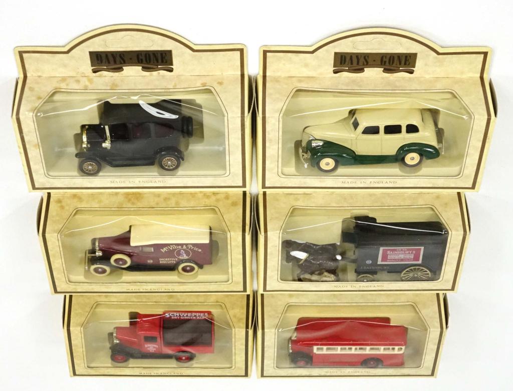 6 Vintage Die-Cast Days Gone Lledo Vehicles: 1 1920 Model 'T' Car (Black), made in England; 1 1939 Chevrolet Ivory & Green Car, made in England; 1936 Packard Mcvitie & Price Car, made in England; 1 Horse Drawn Removal Van Sainsbury, made in Engl