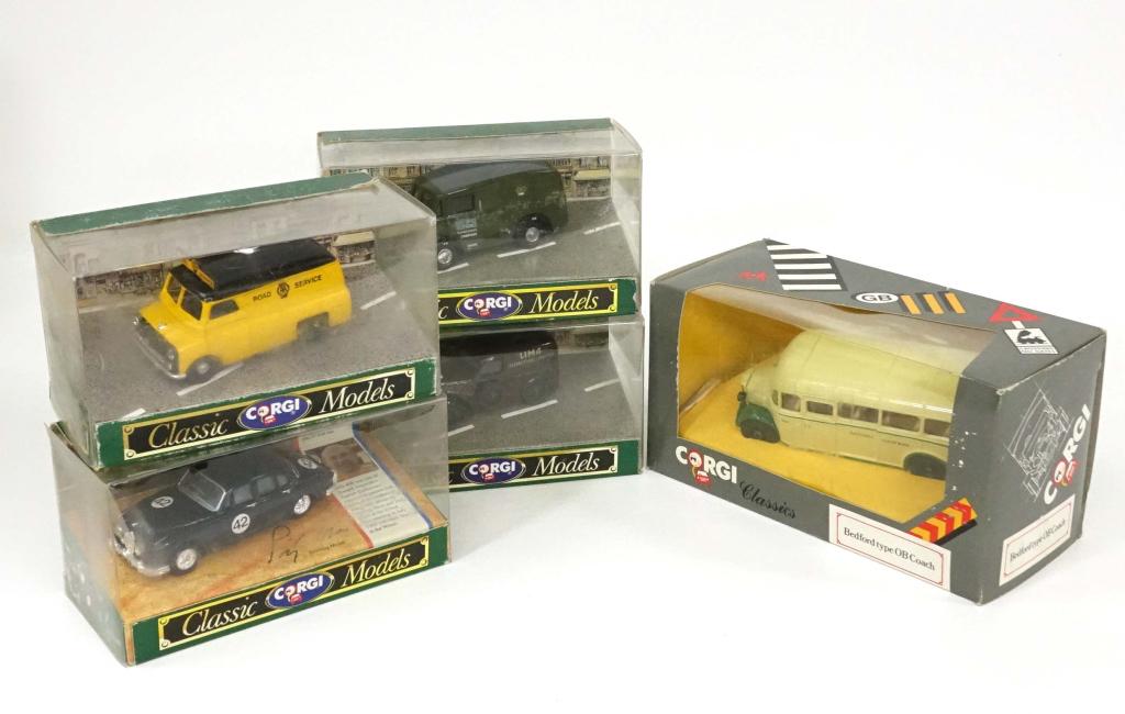 5 Vintage Die-Cast Corgi Vehicles: 1 Classic Corgi Models Lima D980 Ford Popular Van, 1989. Made in Great Britain; 1 Classic Corgi Models Road Services D981 Bedford CA Van, 1989. Made in Great Britain; 1 Post Office Telephones D983 Mor