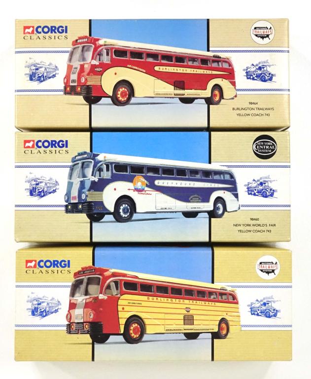 3 Vintage-Die-Cast Corgi USA Buses: 1 Corgi Classics New York World's Fair Yellow Coach 743 (Greyhound Lines), 1994. Made in Great Britain; 1 Corgi Classics Burlington Trailways Yellow Coach 743, 1994. Made in Great Britain; 1 Corgi Cla