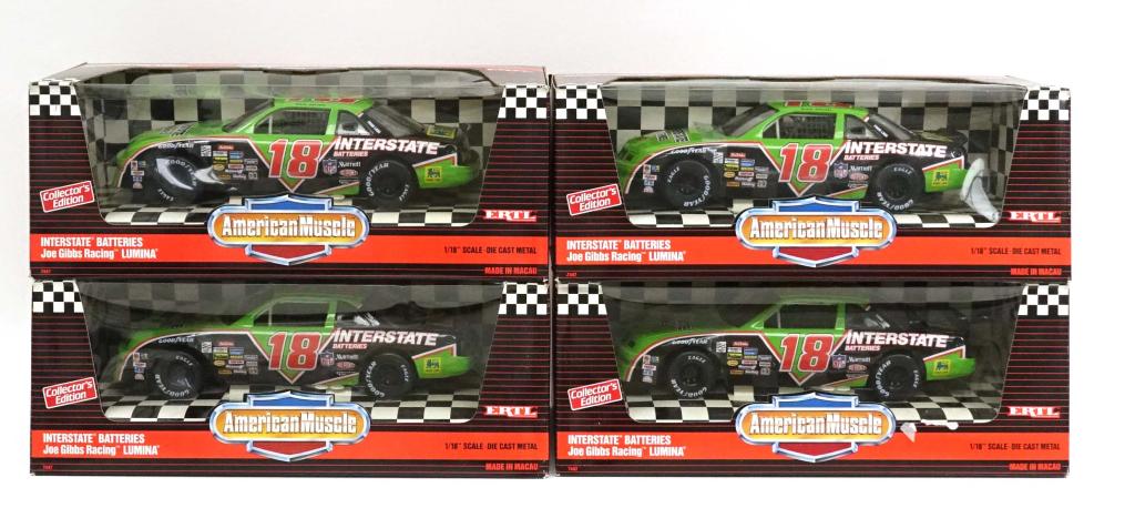 4 Vintage-Die-Cast ERTL Race Cars: 4 Interstate Batteries Joe Gibbs Racing Lumina American Muscle #18, 1992. 1/18 scale.