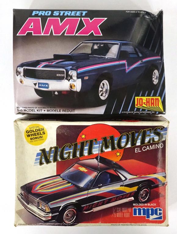 2 Vintage Model Cars: 1 Jo-Han Pro Street AMX, 1992. 1/25 scale. Made in the U.S.A; 1 Fun Dimensions Night Moves El Camino (Beat up box but all parts inside and in good condition), 1980. 1/25 scale. Made in the U.S.A.