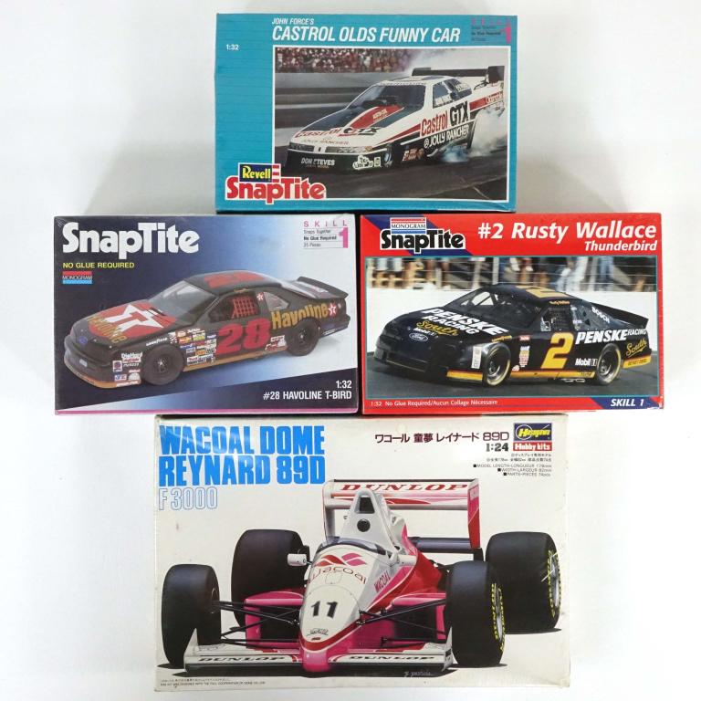 4 Vintage Model Race Cars: 1 Hasegawa Hobby Kits Wacoal Dome Reynard 89D F 3000, 1990. 1:24 scale. Made in Japan; 1 Revell Snaptite John Force's Castrol Olds Funny Car, 1992. 1:32 scale; 1 Monogram Snaptite #28 Havoline T-Bird,