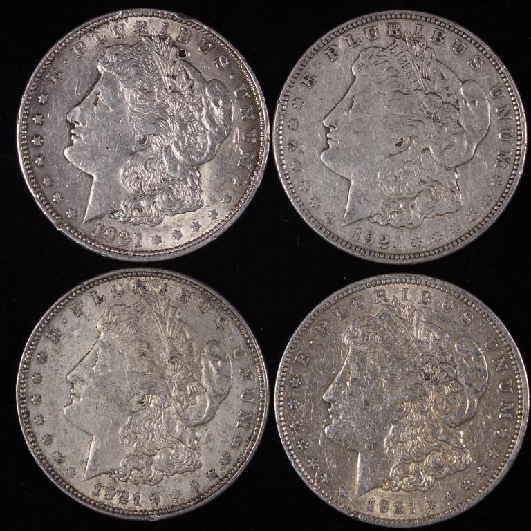 1921 Morgan Silver Dollars (4): (4) 1921 Morgan silver dollars (Philadelphia mint). 90% silver.