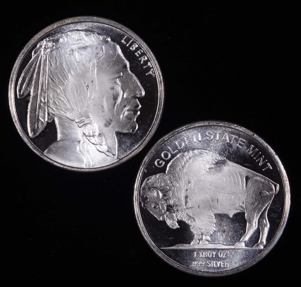 1 ozt Silver Rounds (2): 2 Golden State Mint silver rounds (each 1 troy ounce of 0.999 fine silver), showing American Bison / Native American motif.