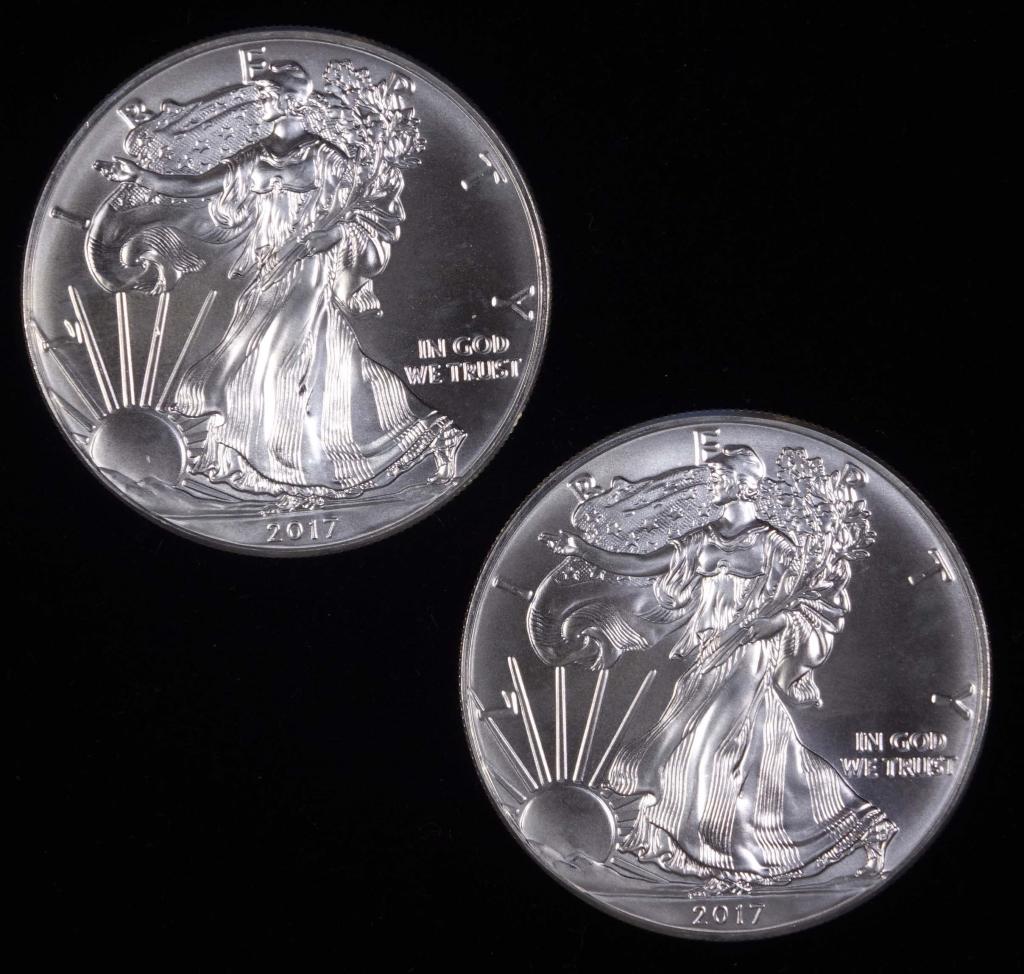2017 BU Silver Eagle Bullion Coins (2): 2 brilliant uncirculated 2017 $1 Silver Eagle bullion coins. Each coin is 1 troy ounce of 0.999 fine silver.