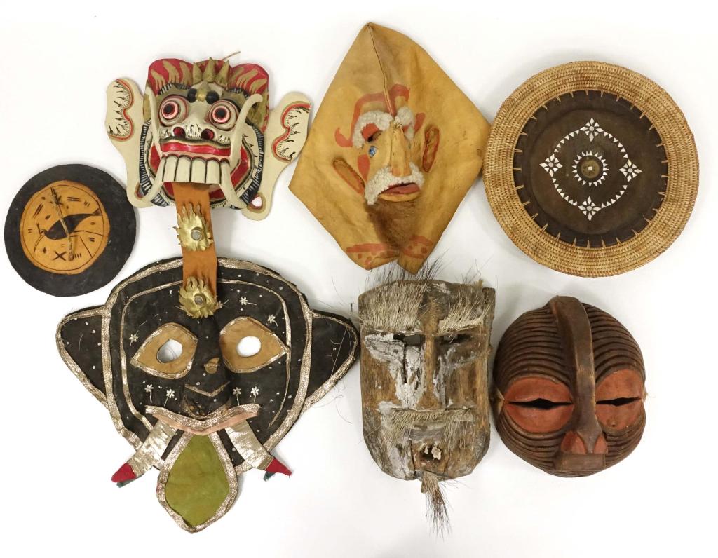 Mask Lot (7 pieces): 5 masks and 2 other pieces. Indonesia, India, others unknown.