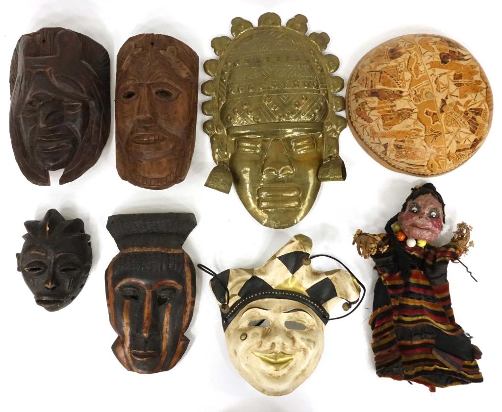 Mask Lot (5 masks, 8 pieces): 5 masks, 1 puppet, 1 dish. South America, Venice, hand-carved wood.