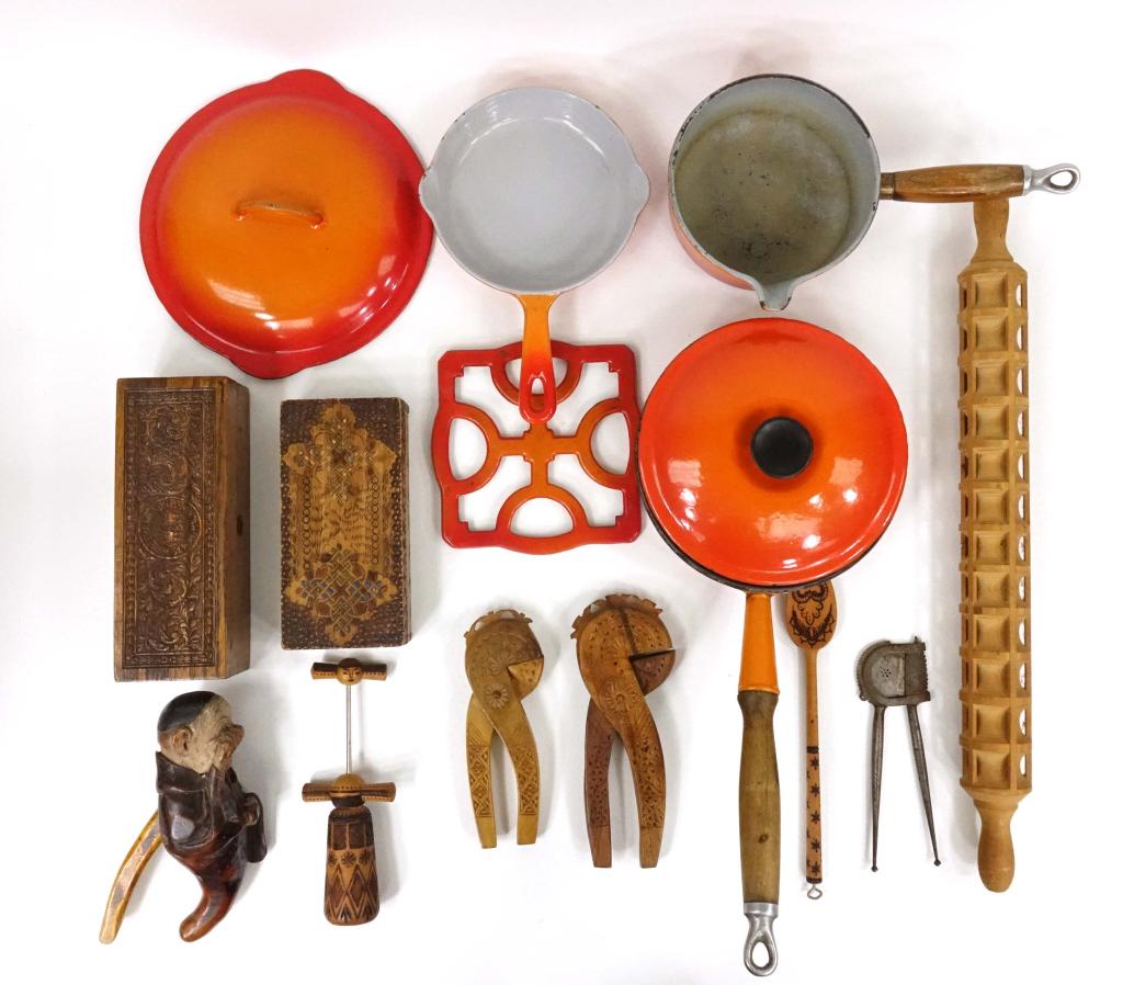 Vintage Domestic Lot: Le Creuset pots/pans, kitchen tools, Wheeler & Wilson sewing box, Descoware pan and trivet.