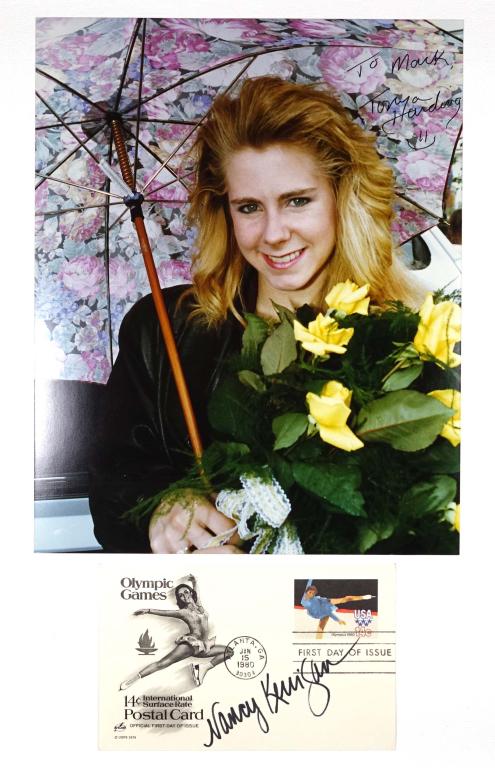 Autographs: Tonya Harding & Nancy Kerrigan: Olympic figure skater Tonya Harding signed 8x10" color photo, signed "To Mark" with a smiley face. Olympic silver medalist Nancy Kerrigan has signed a first day cancelled 14 cent postcard with the Oly