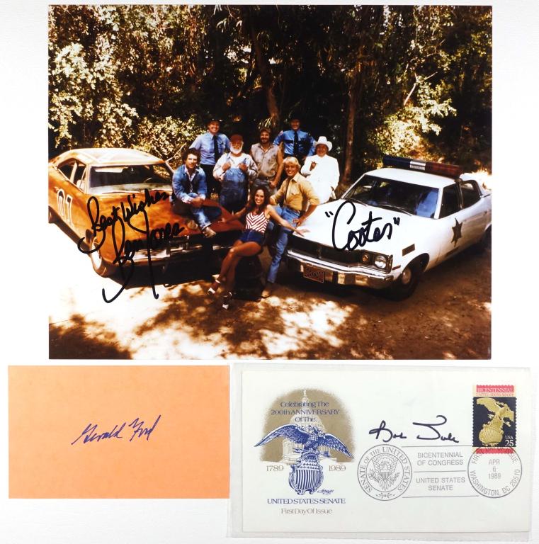 Autographs: Gerald Ford, Bob Dole, Ben Jones: 3 signed pieces -- Gerald Ford signed 5 x 3" orange index card. *** and *** Bob Dole signed First Day Cover (U.S. Senate Bicentennial) - 6-1/2 x 3-5/8" *** and *** Congressman Bob Jones signed 8 x 10"