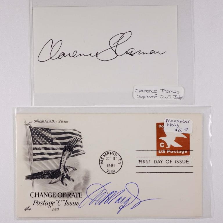 Autographs: Alexander Haig & Clarence Thomas: 2 signed pieces -- Secretary of State Alexander Haig signed First Day Cover (6-1/2 x 3-5/8") *** and *** Supreme Court Justice Clarence Thomas signed 3 x 5" index card. ** Lot 14 makes the following g