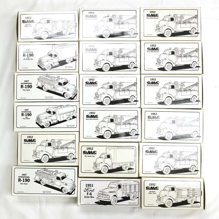 18 First Gear Inc. Die-Cast Metal Trucks, 1/34: (13) 1952 GMC Trucks, (1) 1951 Ford, (4) 1957 International.