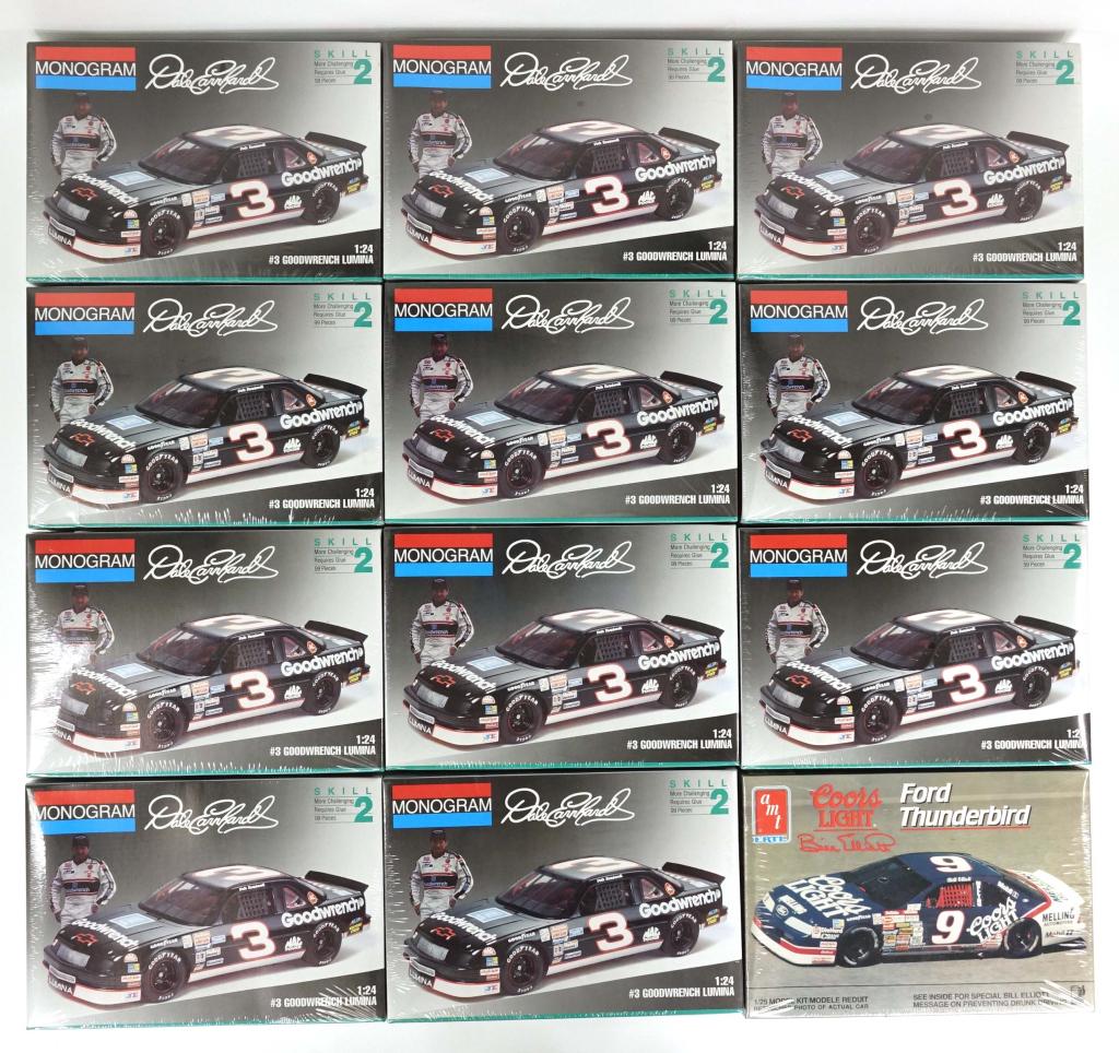 11 Monogram Lumina Kits + 1 Ford Thunderbird Kit: (11) Monogram Goodwrench Lumina Dale Earnhardt kits, 1:24, in shrinkwrap, Made in USA, 1993; (1) Ertl AMT Ford Thunderbird Coors Light Bill Elliot kit, 1/25, in shrinkwrap, Made in USA, 1991.