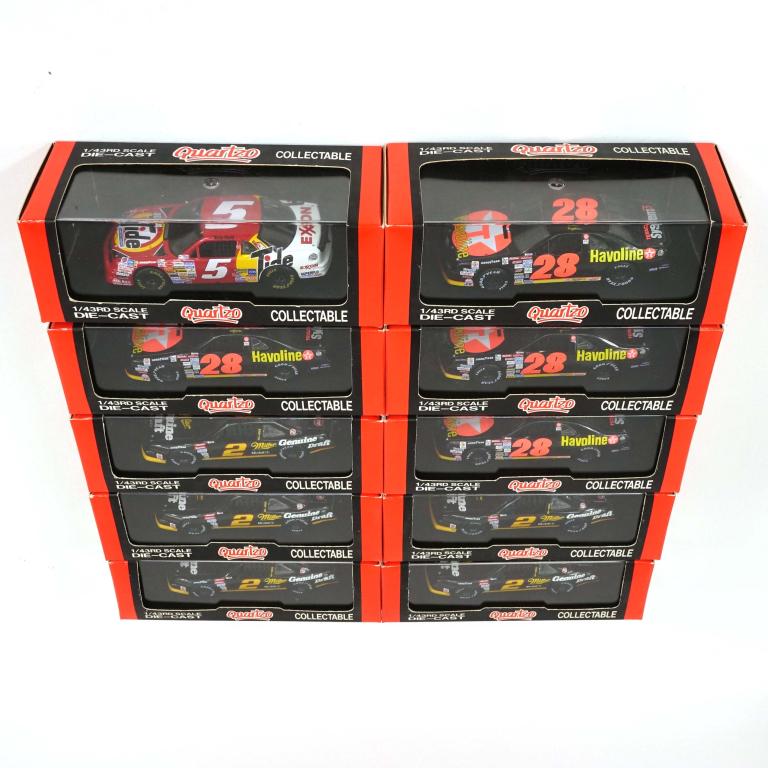 10 Quartzo Collectible Die-Cast Cars, 1/43 Scale: 1 Chevy Lumina Tide, Ricky Rudd, unknown manufacturer year; 5 Pontiac Grand Prix Miller, Rusty Wallace, unknown manufacturer year; 4 Ford Thunderbird Texaco Havoline, Davey Allison, manufacture year u