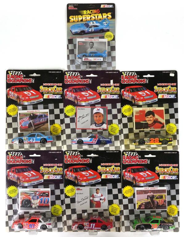 7 Vintage Die-Cast Racing Champion Cars: All cars are new in box. 1 Racing Superstars #43 Richard Petty Car with Collectors Card, 1991; 1 #6 Mark Martin Valvoline Stock Car with Collectors card, 1992. 1:43 scale; 1 #28 Davey Allison Havoline