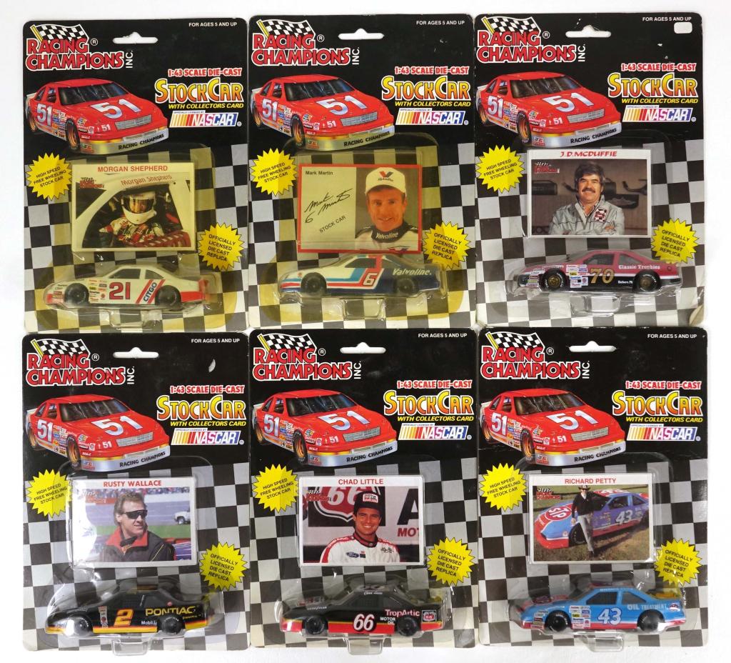 6 Vintage Die-Cast Racing Champions Cars: 1 #70 J.D. McDuffie Classic Trophies Stock Car with Collectors card, 1992. 1:43 scale; 1 #66 Chad Little TropArtic Stock Car with Collectors card, 1992. 1:43 scale; 1 #2 Rusty Wallace Pontiac Stock Ca