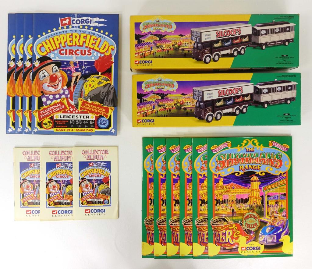 Corgi "Showman's Range" & "Chipperfield's Circus": (2) Leyland Dodgem Truck & Caravan Sets, Silcock's of Warrington, includes Fortune Teller kit, 1995; (6) "The Showman's Range" Collection Advertising Booklets, (unknown manufacturer year); (4) "Chippe