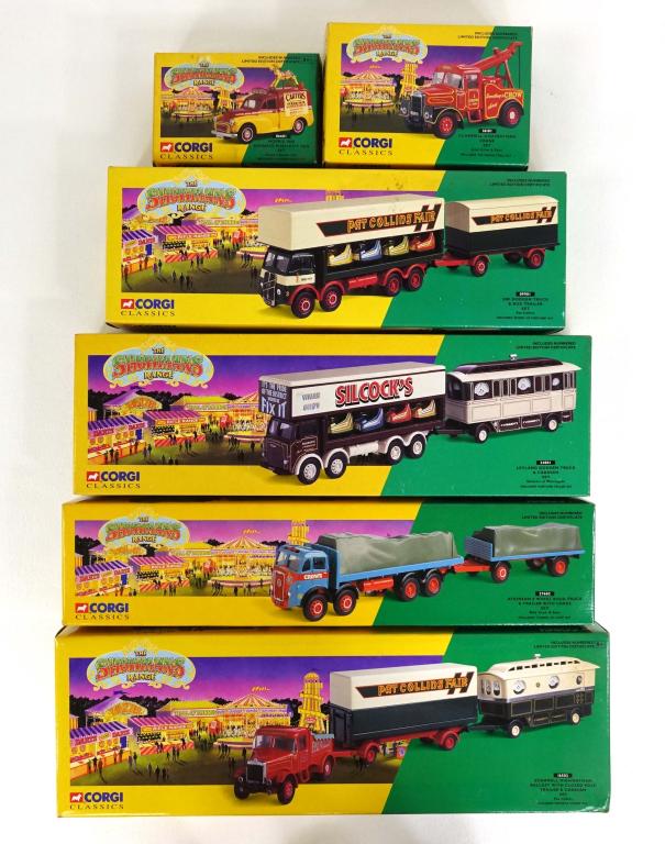Corgi "The Showman's Range" Vehicle Lot: (1) Scammell Highwayman Ballast with Closed Pole Trailer and Caravan Set, 1995; (1) Leyland Dodgem Truck & Caravan Set, Silcock's of Warrington, 1995; (1) Erf Dodgem Truck & Box Trailer Set, 1995; (1)