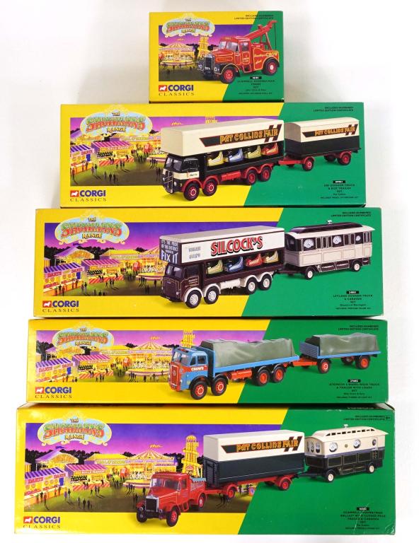 Corgi "The Showman's Range" Vehicle Lot: (1) Scammell Highwayman Ballast with Closed Pole Trailer & Caravan Set, 1995; (1) Leyland Dodgem Truck & Caravan Set, 1995; (1) Erf Dodgem Truck & Box Trailer Set, 1995; (1) Atkinson 8 Wheel Rigid Tru