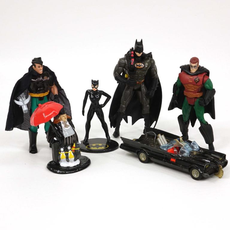 Corgi Die-Cast Batmobile w/ Batman Characters!: Corgi Toys Metal Batmobile, Made in Great Britain; 3 Action Figures; Catwoman and Penguin Figurines, 1992.