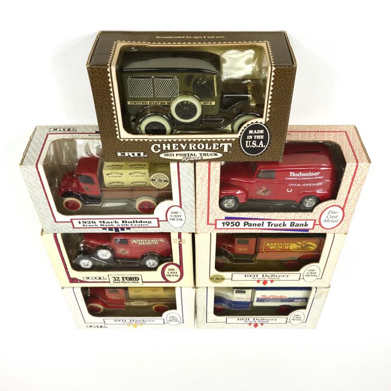 7 Ertl Die-Cast Car/Truck Banks: (1) 1926 Mack Bulldog Truck Bank with Crates Anheuser-Busch Inc., die-cast metal, 1/38, Made in USA, 1989; (1) 1931 Delivery Truck Bank Anheuser-Busch Inc., die-cast metal, 1/34, 1990; (1) '32 Ford Pa