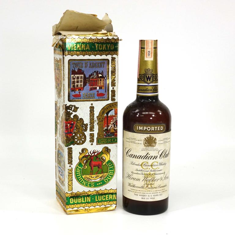 Bottle: 1958 Canadian Club: ****You must speak with Ian before bidding on bottles if you may need shipping.**** 6 years old, 4/5 quart, 86.8 proof. With box, though box is in rough to fair condition.