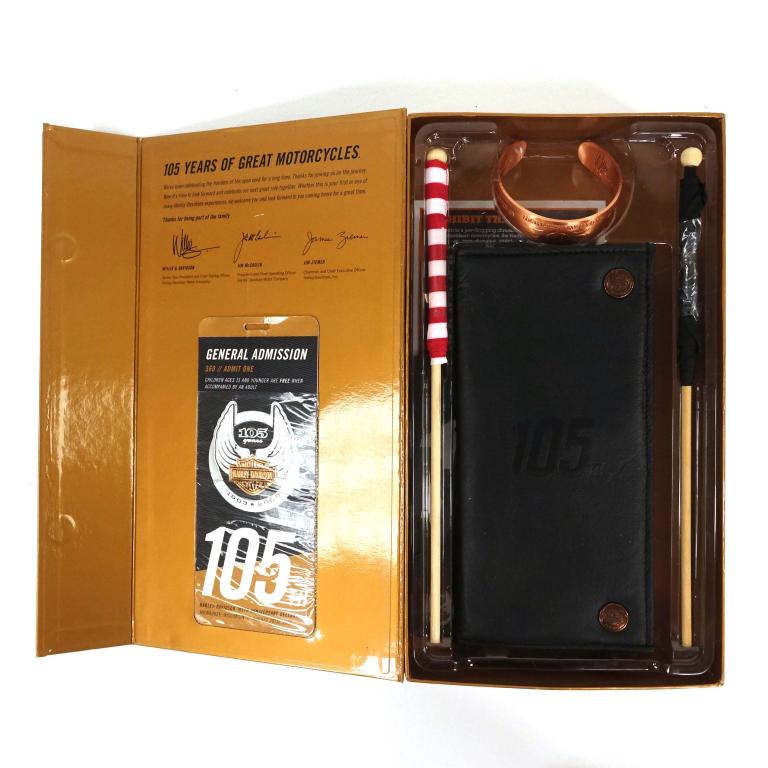 Harley-Davidson 2008 Anniverary Swag Box: Harley-Davidson 2008 Milwaukee 105-year anniversary swag box - wallet, keychain, cuff, US Flag, Harley Davidson black flag. With general admission ticket.