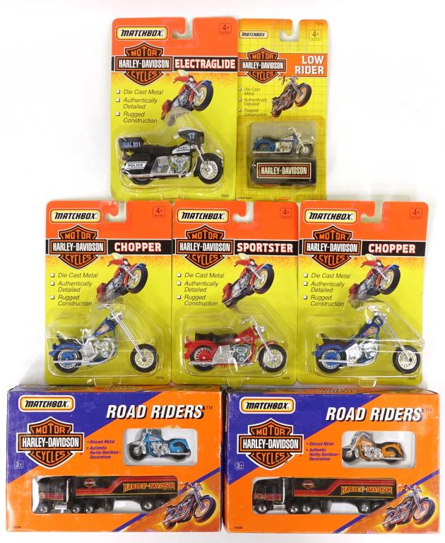 Matchbox Harley Davidson Die-Cast Motorcycles: (2) Road Riders Truck w/ Motorcycles,1992; (2) "Chopper," (1) "Sportster," (1) "Electraglide," 1993; (1) "Low Rider," 1992.