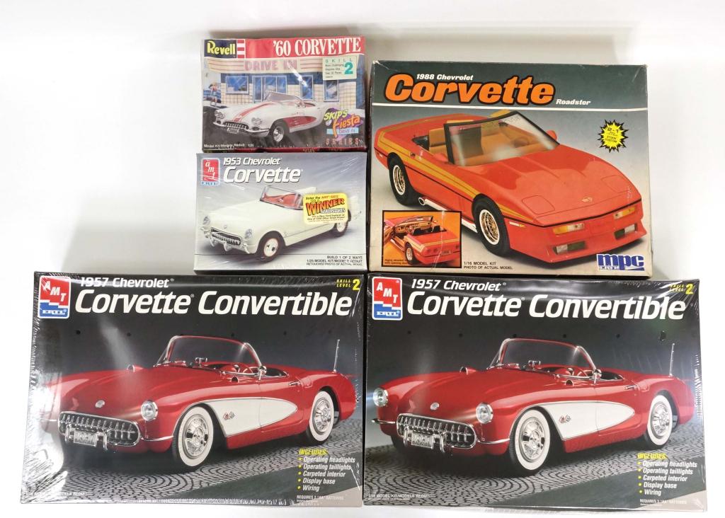 5 Vintage Model Corvette Kits: 1 MPC ERTL 1988 Corvette Roadster, 1987. 1/16 scale. Made in U.S.A; 1 Revell Skip's Fiesta Drive-In Series '60 Corvette (Sealed in box), 1988. 1:25 scale. Made in U.S.A; 1 AMT ERTL 1953 Chevrolet Corv