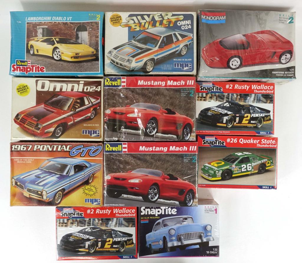 11 Vintage Model Car Kits: 1 MPC Omni 024 (Sealed in box), 1979. 1/25 scale. Made in U.S.A; 1 MPC Silver Bullet OMNI 024 (Sealed in box), 1980. 1/25 scale; 1 MPC 1967 Pontiac GTO, 1/25 scale. Made in U.S.A; 1 Snaptite Monogram 