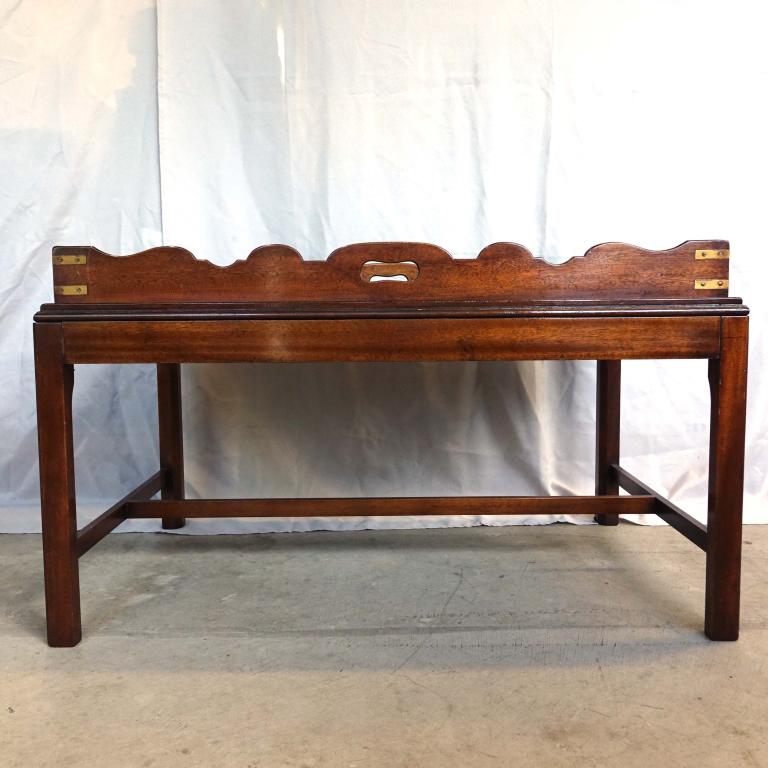 Butler's Tray and Table, Mahogany: *** LOCAL PICK UP OR THIRD PARTY SHIPPING ONLY. LOT 14 WILL NOT SHIP THIS ITEM FROM OUR SHOP. ***. . 20th Century. Tray is 36 11/16" x 23 5/8". Table is 38.5 x 25.5", 19.25" tall.