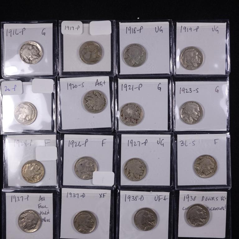 Buffalo Nickels (16): 16 Buffalo nickels: 1916, 1917, 1918, 1919, 1920, 1920-s, 1921, 1923-s, 1924, 1926, 1927, 1936-s, 1937 (consigner reported as AU with full horns), 1937-d (consigner reported XF), 1938-d, 1938-d/s . **