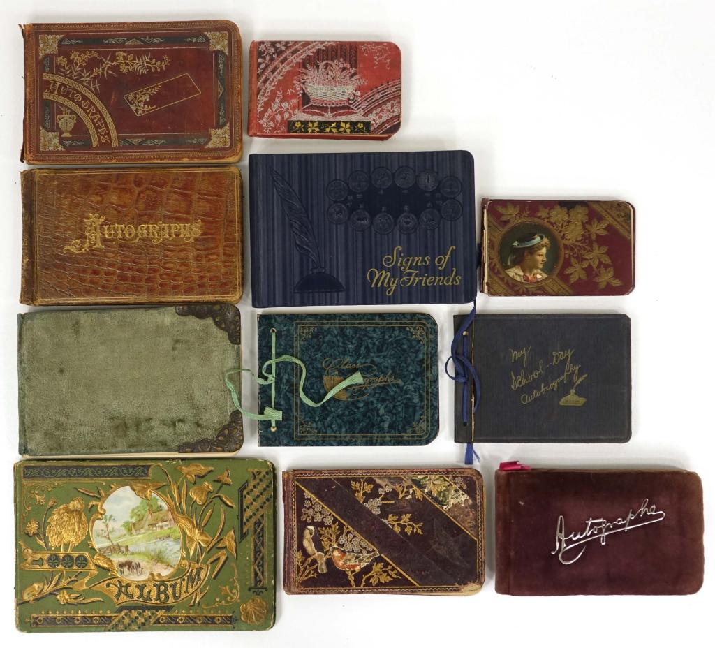 Antique Autograph Books (10): Includes unused new in box autograph/calendar book in original Montgomery Ward & Co. box, c. 1935 volume I of "Signs of My Friends."