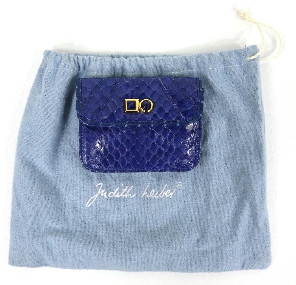 Small Judith Leiber Card Case/Change Purse: Blue, snakeskin. With dustbag.