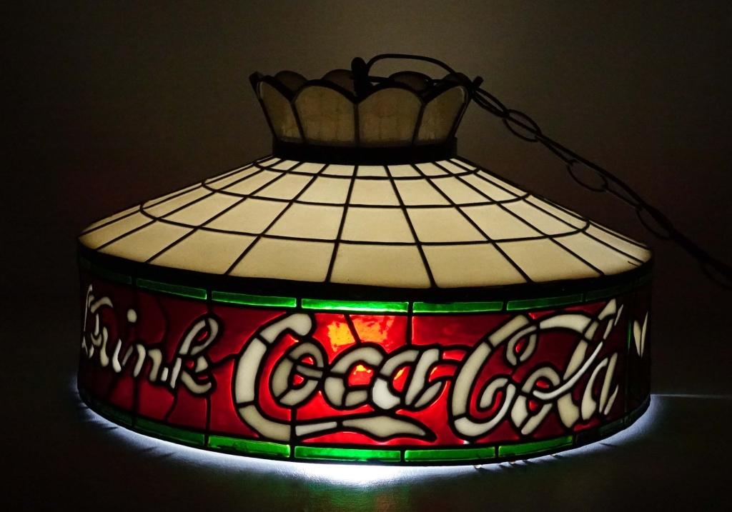 Coca-Cola Translucent Resin Hanging Ceiling Lamp: Has chain and plug with switch. Single bulb. Approximately 20" diameter. Some damage/crack - shipping will bear your own risk! Third party shipping or local pickup only.