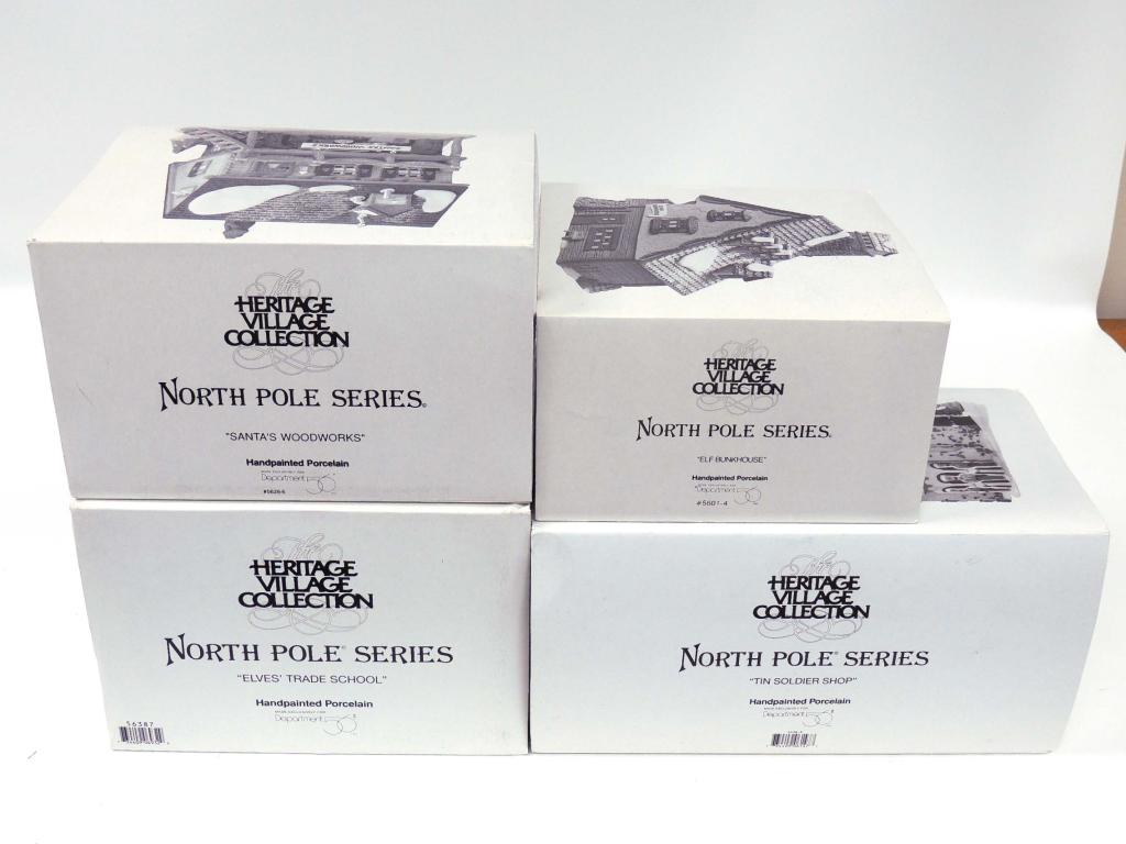Heritage Village Collection - North Pole Series: Santa's Woodworks, Elf Bunkhouse, Elves' Trade School, Tin Soldier Shop
