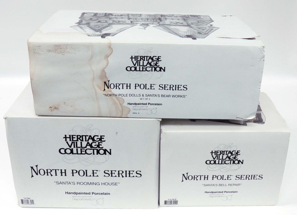 Heritage Village Collection - North Pole Series: Santa's Bell Repair, Santa's Rooming House, North Pole Dolls & Santa's Bear Works
