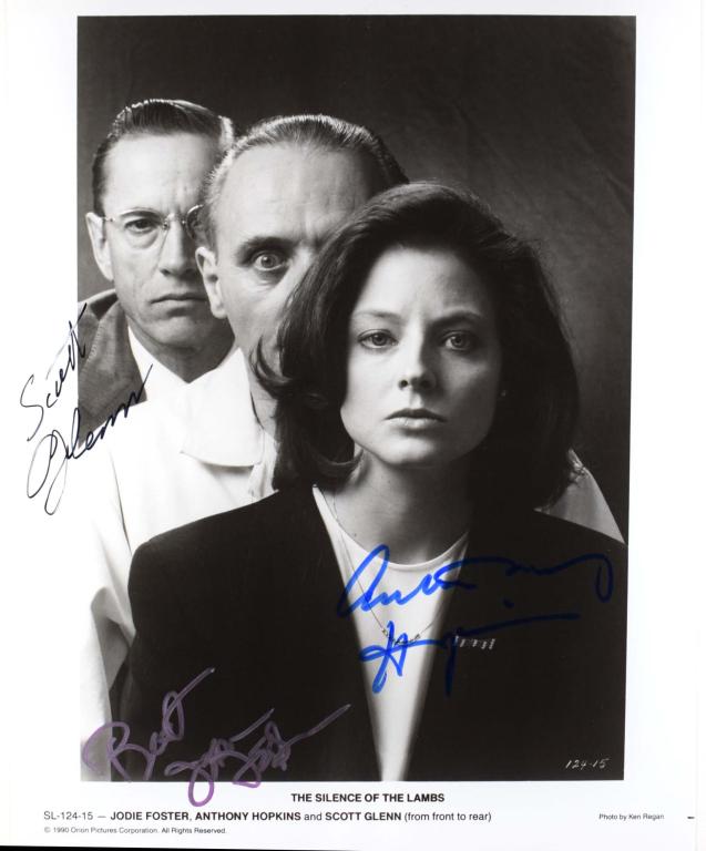 Autographs: Silence of the Lambs Cast: 8 x 10" black & white cast photo from the Oscar-winning horror masterpiece "The Silence of the Lambs", TRIPLE SIGNED by Jodie Foster FBI agent Clarice Starling), Anthony Hopkins (Hannibal Lecter), and