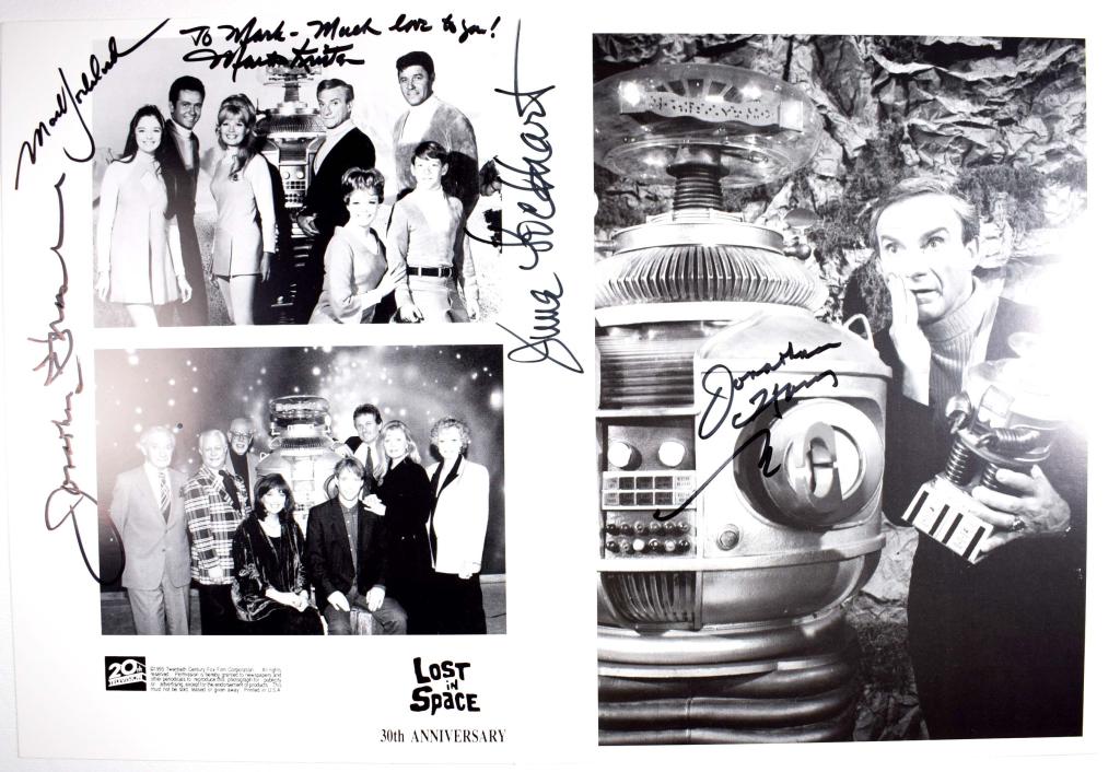 Autographs: Lost in Space (1965): Cast photo diptych (7-7/8 x 10" black and white) for 1995 30th anniversary, signed by Jonathan Harris (Smith), Mark Goddard (West), Marta Kristen (Judy), Angela Cartwright (Penny) *** and *** addition