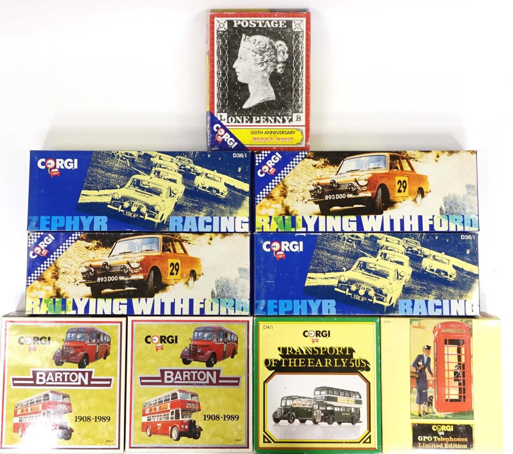 9 Corgi Die-Cast Boxed Sets: (2) Zephyr Racing, D36/1, Made in Great Britain, 1989, *wear to boxes; (2) Rallying with Ford, D16/1, Made in Great Britain, 1989, *wear to boxes; (2) Barton 1908-1989 (has coach and bus), D41/1, Made