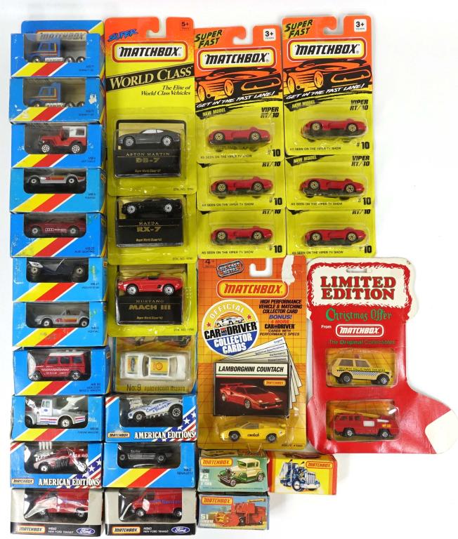 29 Assorted Late 1970s/1980s/1990s Matchbox: 1 1975 "Superfast" Ford Escort no. 9, *packaging damaged; 2 1977+1979 "Collect all 75 models" (Combine Harvester + Model A Ford); 1 1982 "Collect all 75" Renault 5; 12 1980's Vehicles (including Cosmi