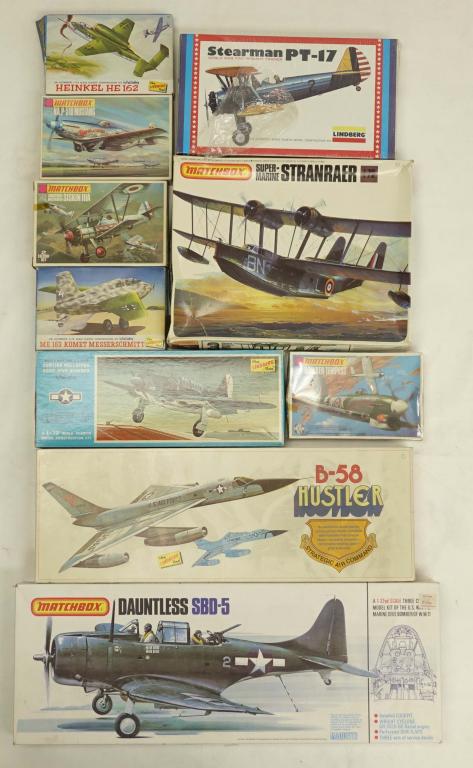 10 Vintage Matchbox + Lindberg Model Plane Kits: 5 Matchbox, 5 Lindberg Line. INCLUDING: LINDBERG Stearman PT-17 World War Two Primary Trainer, Made in Skokie IL USA, 1975, *damage to box, *in original shrinkwrap but shrinkwrap is ripped; THE LINDBE