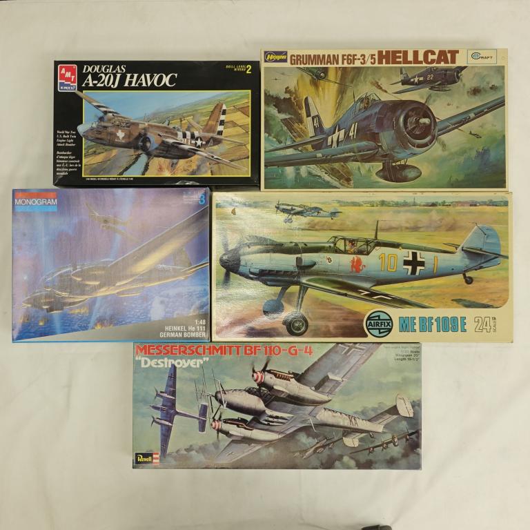 5 Large Assorted Model Plane Kits: 1 of each: --AMT Ertl, Douglas A20J Havoc, Made in USA, 1996; --Monogram, Heinkel He 111 German Bomber, 1:48, Made in USA, 1994; --Airfix, Me Bf 109E, 24th scale, Made in England, no made year; --Hase