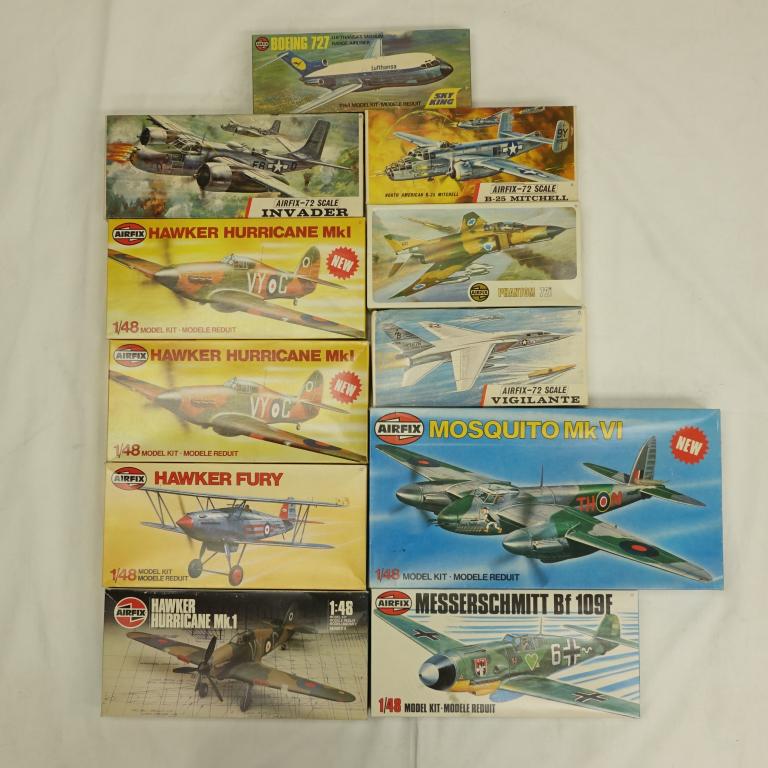 11 Vintage Model Airfix Planes: Includes: 1 Airfix Mosquito Mk V1, 1979. 1/48 scale; 1 Airfix-72 Scale Invader, 1/72 scale; 1 Airfix Messerschmitt Bf 109f, 1979. 1/48 scale; And More!
