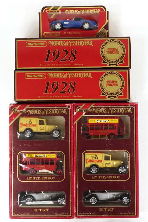 5 Vintage Matchbox Models Of Yesteryear Products: 2 Matchbox Models of Yesteryear Gift Set with 3 vehicles, 1984. Made in U.K; 1 Matchbox Models of Yesteryear Y21 1957 BMW 507 (Special Edition), 1987; 2 Matchbox Models of Yesteryear 1928 Special Edit